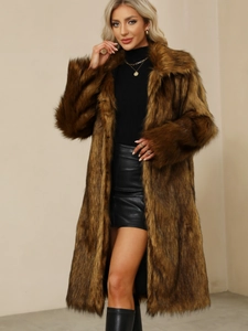 Elegant long brown faux fur coat for women featuring a classic collar and plush texture