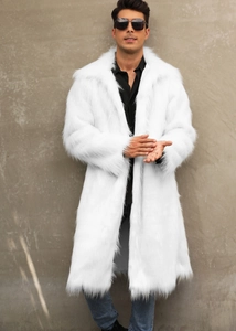 Detail of high-density white faux fox fur men's long coat with thick plush texture