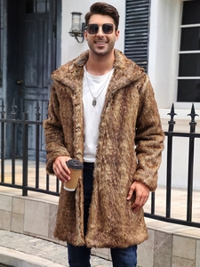 Men's mid-length faux fox fur coat in brown featuring big collar and street style look
