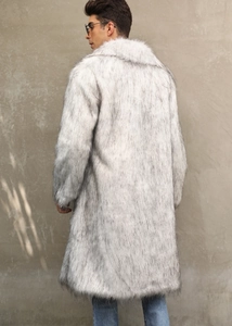 Back view of men's long faux fox fur coat in grey and white with a large lapel