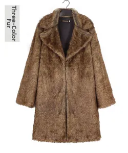 Detail of three-tone faux fox fur texture and lapel collar on men long winter coat