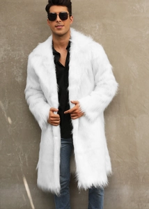 Close-up of fluffy white faux fox fur texture on men's long winter coat and stylish lapel