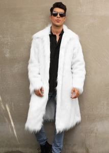 Close-up of white faux fox fur men's coat texture and lapel collar details