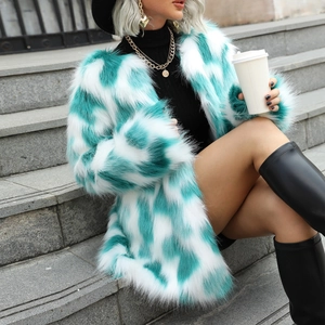 Faux fur turquoise checkerboard coat with plush texture for stylish winter streetwear outfit