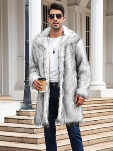 Men's silver-grey faux fox fur long coat with plush texture and casual outdoor style