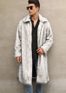 Macro shot of men's long faux fox fur coat with textured black and white gradient fibers