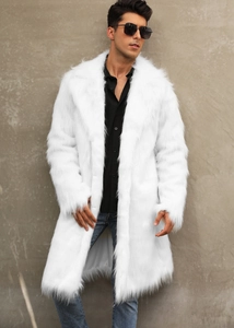 Front view of white faux fox fur coat with thick plush texture and wide lapel collar
