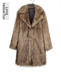 Close-up of the long-pile faux fox fur texture and lapel design on the brown winter coat