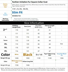 Size chart for men's faux fur long coat with detailed S-4XL measurements and care guide
