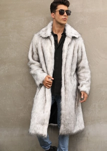 Detail of premium long faux fox fur coat for men featuring grey gradient texture