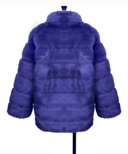 Rear view of deep purple faux fur coat with thick long pile texture and stand collar