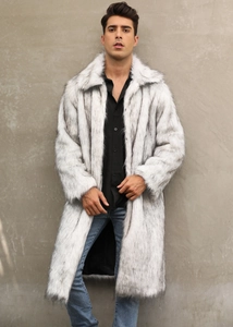 Detailed view of long faux fox fur coat for men featuring grey tipped white textured fur