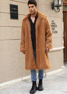 Detailed texture of long-hair faux fox fur coat with wide collar for men in tan color