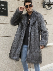 Manteau long en fausse fourrure de renard pour homme avec col tailleur gris noir