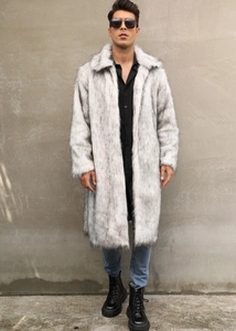 Mens long faux fox fur coat in salt-and-pepper grey featuring oversized lapels