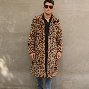 Manteau long en fausse fourrure pour homme avec imprimé léopard et revers larges