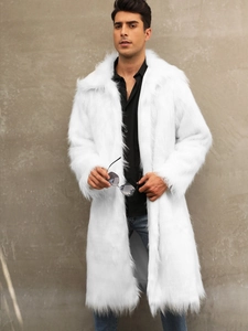 Men's stylish faux fox fur long coat in white, featuring a fluffy texture and casual fit