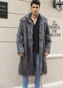 Men's faux fox fur coat in dark grey, mid-length luxury winter outerwear style