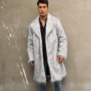 Detailed view of light gray faux fur coat with wide lapel collar on male model