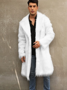Men's luxury faux fox fur long coat in pure white featuring a wide notched lapel