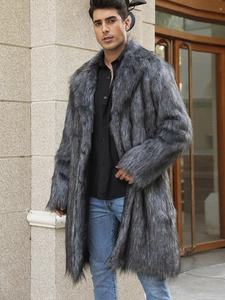 Manteau mi-long en fausse fourrure de renard gris pour homme avec grand col et coupe décontractée