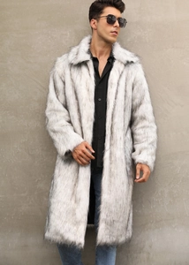 Detailed texture of white and grey faux fox fur on a men's long coat with classic lapel