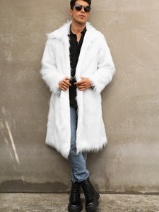 Mens long faux fox fur coat in white with lapel collar and casual warm luxury style