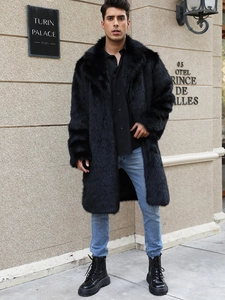 Mens long black faux fur coat with oversized lapel collar for elegant winter fashion