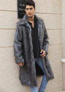 Detail view of premium grey faux fox fur coat with wide lapels and thick texture