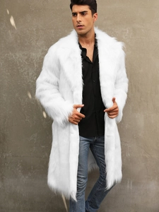 Men's white faux fox fur overcoat with a stylish lapel collar for winter warmth