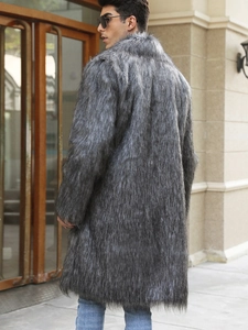 Manteau long en fausse fourrure gris foncé pour homme avec col tailleur élégant