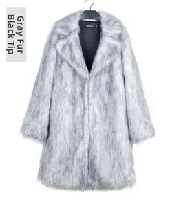 Detail of grey faux fox fur coat with black tips and classic notched lapel collar