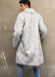 Detail of grey faux fox fur coat texture and plush pile for men's winter fashion