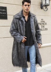 Close-up detail of luxury faux fox fur texture and wide collar on grey long coat