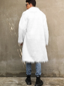 Men's white long faux fur fox coat with a fluffy texture and stylish oversized fit