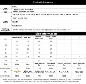 Size chart for men's faux fur coat with detailed measurements from S to 3XL
