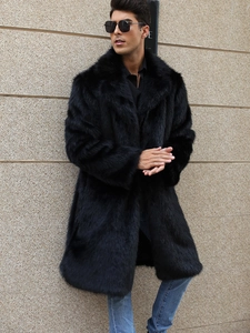 Men's black faux fur long coat with thick lapel collar for winter fashion and warmth