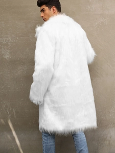 Men's winter long faux fox fur coat in pure white with large lapel and loose fit design