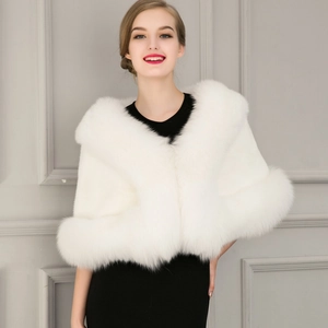 Elegant white faux fox fur bridal shawl with fluffy texture for formal evening parties