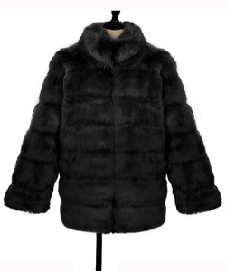 Detailed close-up showing the layered texture and plush faux fur material of the black coat