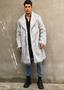Detailed outdoor shot of a men's faux fox fur coat in light grey with long plush texture