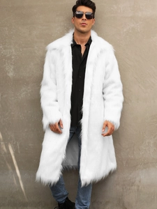 Men's faux fox fur coat in white with large lapel and long plush texture for winter