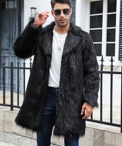 Detailed view of high-density black faux fox fur texture on men long winter coat