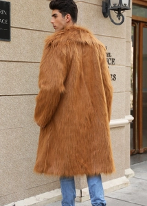 Rear view of men's brown long faux fox fur coat featuring a large lapel and plush texture