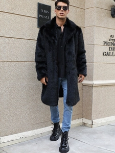 Men's stylish black faux fur long coat with lapel collar for premium winter warmth