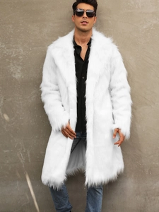 Men's long faux fox fur coat in pure white featuring a large lapel and knee-length fit