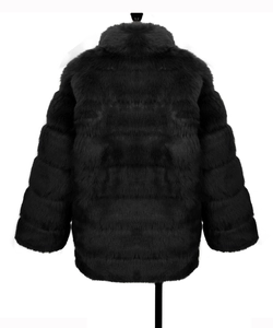 Rear view of men's black faux fur coat with horizontal tiered layer design and thick plush texture