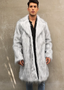 Detailed view of the oversized lapel and light gray faux fox fur texture on men's coat