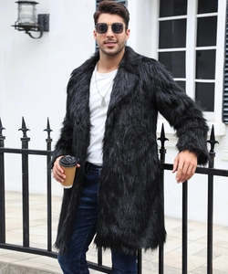 Men's long black faux fox fur coat featuring a soft texture and minimalist open front design