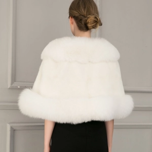 Elegant white faux fox fur bridal shawl with fluffy plush trim and vintage style back view